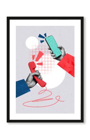 Sketch design trend artwork poster 3D photo collage of incognito hands hold landline phone line call talk smartphone blogger chatting