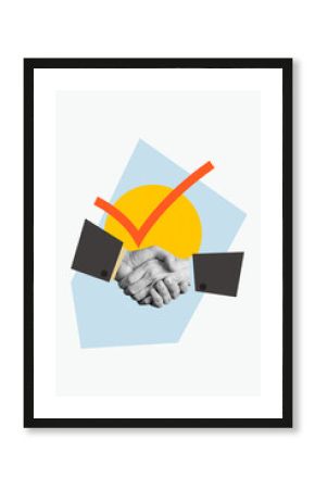 Vertical collage poster handshake arms body fragments cooperation gesture complete done success tick check teamwork colleagues agreement