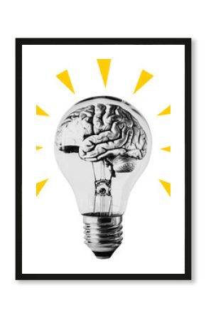 Brain light bulb halftone bitmap collage element transparent background, Brain enclosed in a light bulb y2k collage element, Brain light bulb grunge photocopy magazine clipping with isolated clipping