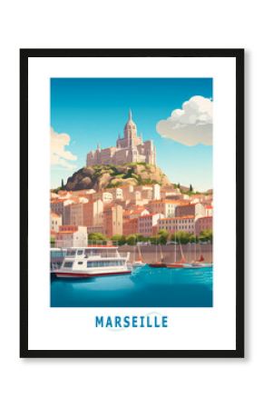 Marseille France city illustrated poster in retro style. Vintage travel booklet, brochure, postcard, print, cover with seaside, landmarks, skyline, port