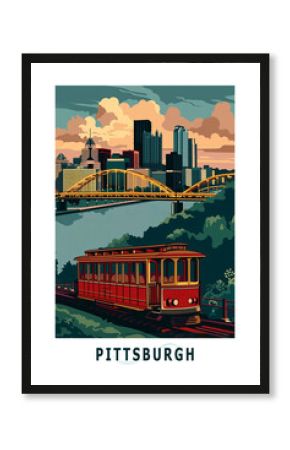Pittsburgh USA, Pennsylvania state illustrated poster in retro style. Vintage travel booklet, postcard, print, cover with scenic skyline and skyscrapers
