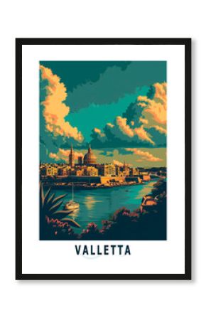Valletta Malta illustrated poster in retro style. Vintage travel booklet, postcard, print, cover with scenic panoramic view, seaside, landmarks, skyline