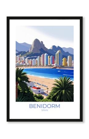 Benidorm Spain Eco Friendly Travel Poster Illustration Canvas Wall Art Decor Gift