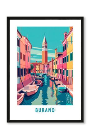 Italy, Venice Burano district illustrated poster in retro style. Vintage travel booklet, brochure, postcard, print, cover with cityscape, skyline, canal