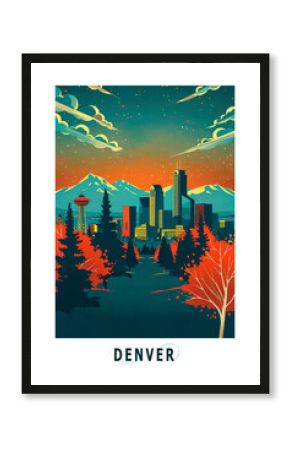 Denver USA, Colorado state illustrated poster in retro style. Vintage travel booklet, postcard, print, cover with scenic skyline, landscape