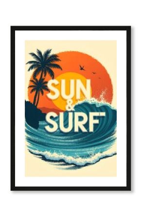 A vintage-style surf poster with crashing waves and sandy beach, evoking coastal vibes, surfer amidst vibrant palms