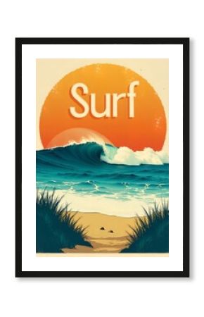 A vintage-style surf poster with crashing waves and sandy beach, evoking coastal vibes, surfer amidst vibrant palms
