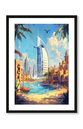 Retro travel poster of dubai, united arab emirates