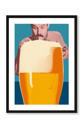Retro-themed art design. Man in red tones reaching towards large beer glass overflowing with foam against blue background. Sipping. Concept of beer, party, celebration, festival, enjoyment