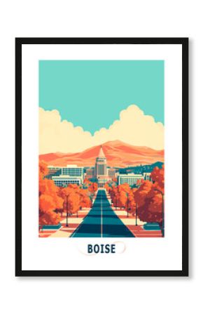 Boise USA, Idaho state illustrated poster in retro style. Vintage travel booklet, postcard, print, cover with scenic skyline, skyscrapers, hills