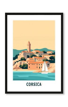 Corsica island, France illustrated poster in retro style. Vintage travel booklet, brochure, postcard, print, cover with coastline panorama, skyline, villages
