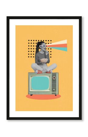 Vertical sketch 3d artwork collage poster of happy girl wear 3d glasses sit television box hold bowl popcorn snack broadcast