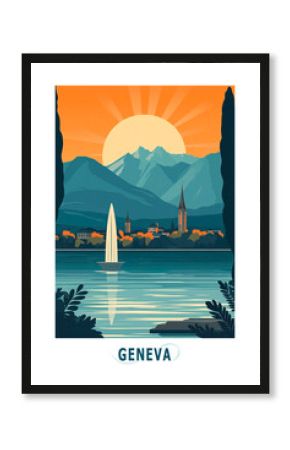 Geneva Switzerland illustrated poster in retro style. Vintage travel booklet, postcard, print, cover with scenic skyline, lakeside