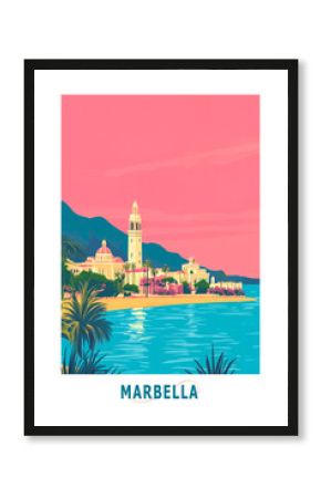 Marbella, Spain illustrated poster in retro style. Vintage travel booklet, postcard, print, cover with scenic coastline
