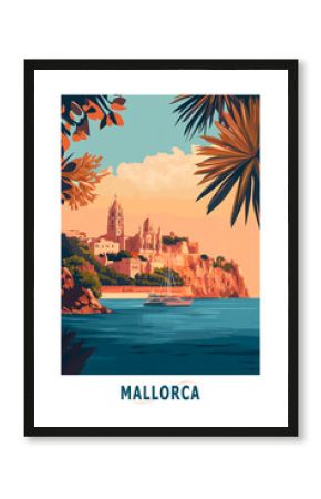 Mallorca, Spain illustrated poster in retro style. Vintage travel booklet, postcard, print, cover with scenic coastline