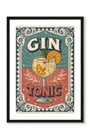 vintage label for a restaurant with retro din tonic cocktail
