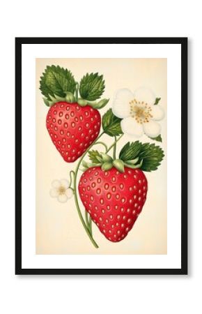 Illustration of a strawberry plant with flowers and ripe fruits in a decorative composition, retro botany vintage poster.