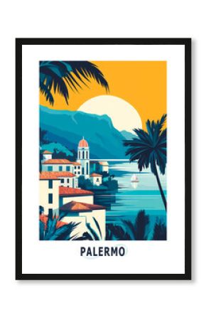 Palermo, Italy illustrated poster in retro style. Vintage travel booklet, postcard, print, cover with scenic coastline