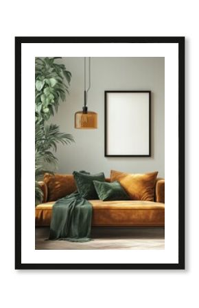 mock up poster frame in cozy modern living room background Scandinavian style 3D render interior design