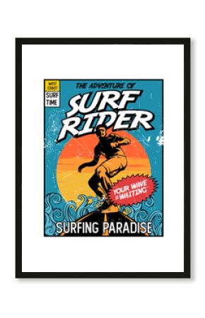 Surf Rider Adventure – Retro Surfing Poster with Wave and Sunset