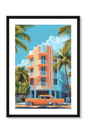 Art Deco Architecture in Miami Tropical Vibes Vintage Poster Retro Travel Illustration
