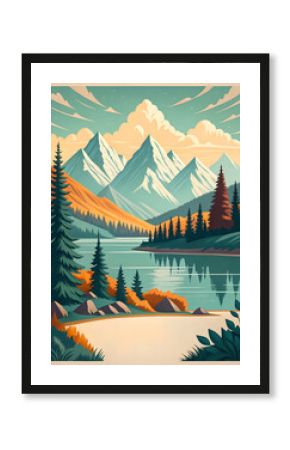 Mountain landscape with lake, retro illustration 