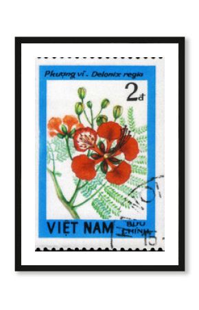 Postage stamp issued in the Vietnam with the image of the Flamboyant, Delonix regia. From the series on Blossoming Woody Plants, circa 1984
