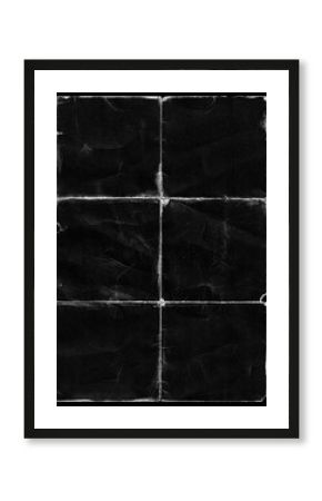 Old Black Empty Ripped Folded Torn Cardboard Paper Poster. Grunge Scratched Old Shabby Surface. Distressed Overlay Texture for Collage. 