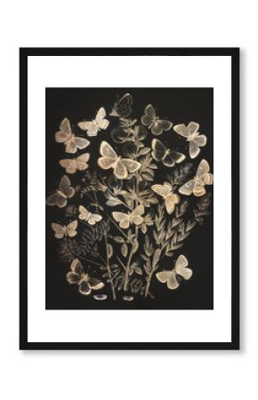 Butterflies and moths fluttering over flowers vintage illustration wall art print and poster design remix from original artwork.