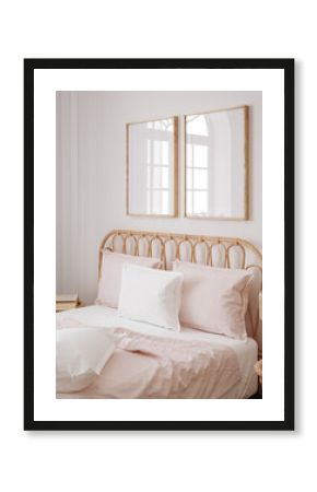 Mockup frame in bedroom interior background, Coastal boho style, 3d render