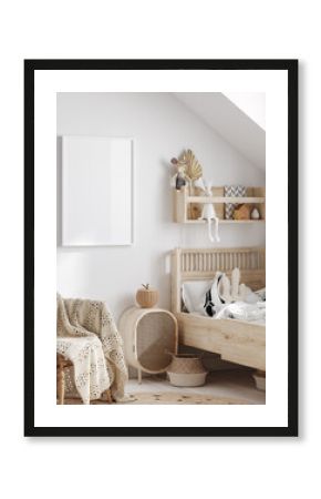 Mock up frame in children room with natural wooden furniture, 3D render