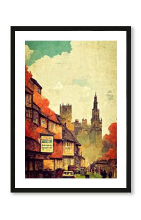Vintage tourism poster about English cities and travel in England and its architectural history