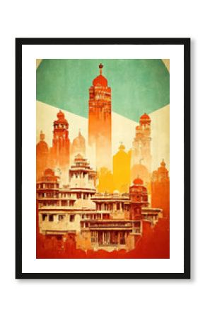 design for tourist poster or flyer, vintage style, about Indian architecture and traditional habitat in India