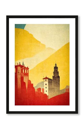 Antique poster about Spain and tourism in this country, for flyer inviting to travel in the historic Spanish land