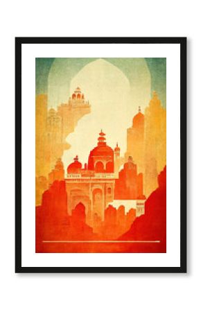 Vintage and touristic poster about India and the history of its architecture, for tourism development in this Asian country