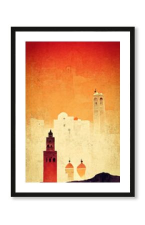 Old tourist poster, vintage style and advertising to promote Morocco with its traditional North African architecture abroad