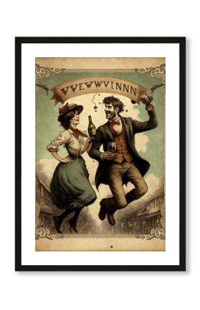 old poster family vintage of happy people drinking wine
