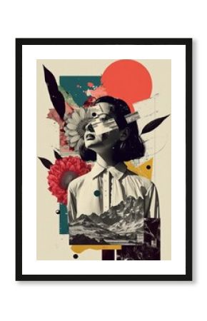 Various colored objects on the face black and white portrait and clippings from vintage magazines on background. AI Generated Modern design of colorful and conceptual bright art collage