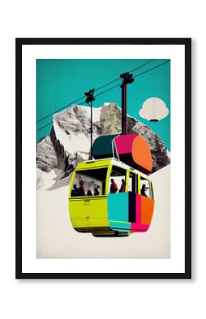 Ski Vacation Poster, Winter sports print, Vintage art, Collage art, AI generative, Trendy collage with mountains, winter sport resort, pop colors, interior art poster, mountain cabin decoration