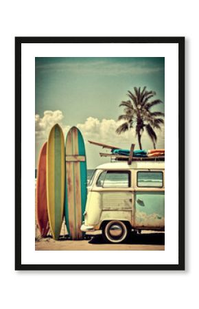Surfboard on the tropical beach abstract background. Vintage tone color style. Generative ai
