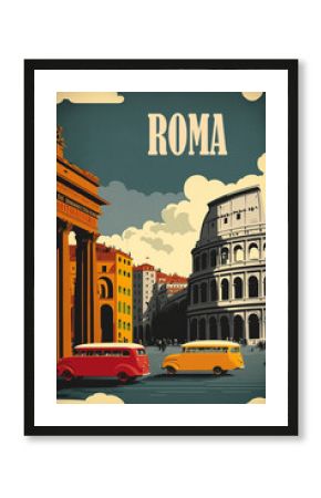 A vintage 1950s Rome poster with the Colosseum and Pantheon in the backdrop against a cloudy sky. Bright colors and flat design create a minimalistic, historical feel. Generative AI