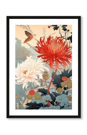 Japanese ukiyo-e style chrysanthemums, created using generative AI