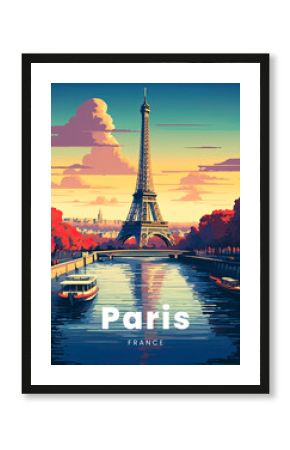 Paris, Eiffel Tower, and the Seine River. A retro-style poster with a colorful illustration of the Eiffel Tower, generative AI