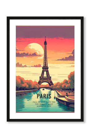 Paris, Eiffel Tower, and the Seine River. A retro-style poster with a colorful illustration of the Eiffel Tower, generative AI