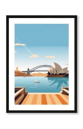 Sydney city skyline. Opera House, Harbour Bridge view. Colourful vintage poster, banner, card. Minimalist retro design. AI digital illustration.