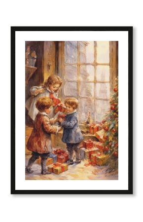 Vintage Christmas card, Ephemera, Victorian Christmas Family, Junk journal, Card set, Antique collage, Retro Christmas cards of 19th century, Christmas family evening