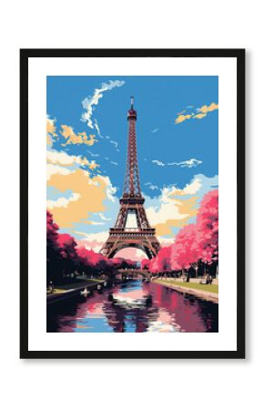 Duotone basic pop art vintage style travel poster of the Eiffel Tower in Pais, France.