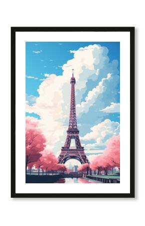 Duotone basic pop art vintage style travel poster of the Eiffel Tower in Pais, France.