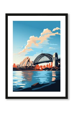 Duotone basic pop art vintage style travel poster of the Sydney Opera House and Harbour Bridge with a city highrise background in Australia.