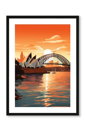 Duotone basic pop art vintage style travel poster of the Sydney Opera House and Harbour Bridge with a city highrise background in Australia.